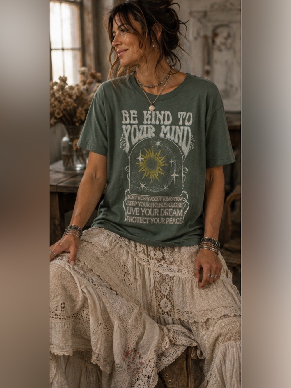 Hybrid Apparel Be Kind to Your Mind Graphic Tee Boho Celestial Sun Spiritual